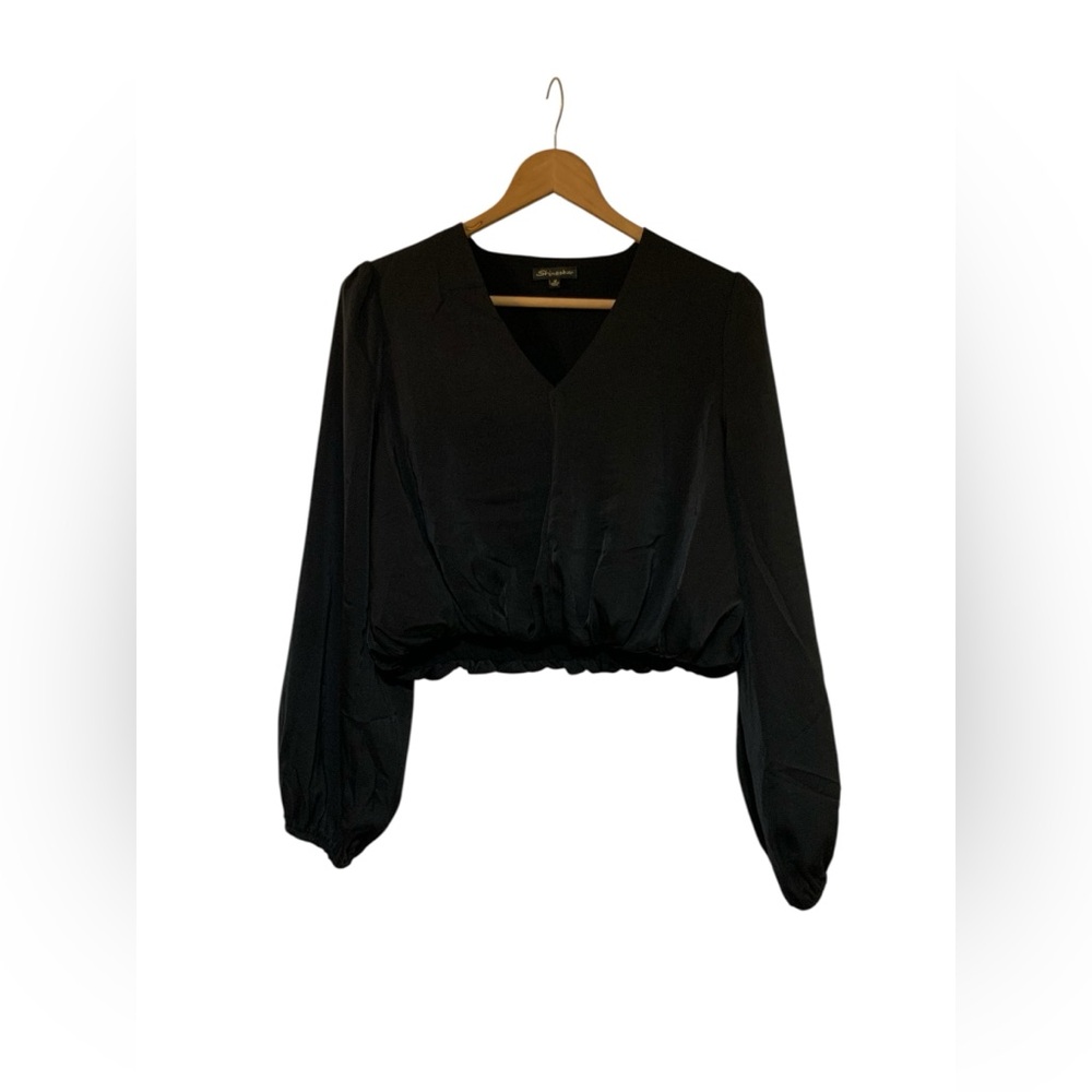 Shinestar Crop V-Neck Top Balloon Longsleeve Black Size M